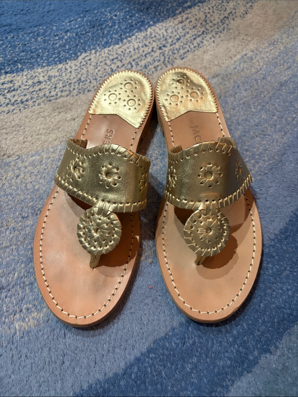 Jack Rogers Gold Leather Thong Sandals with Medallion Accents